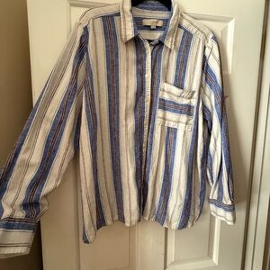LOFT Striped Button-Down Shirt in Blue and White with Brown Accents